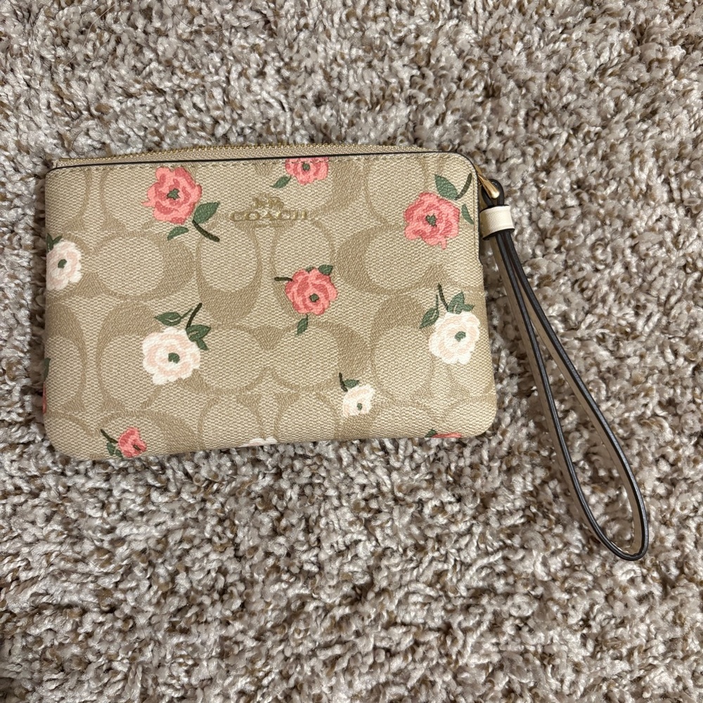 Coach Beige Wristlet with Pink Floral Design